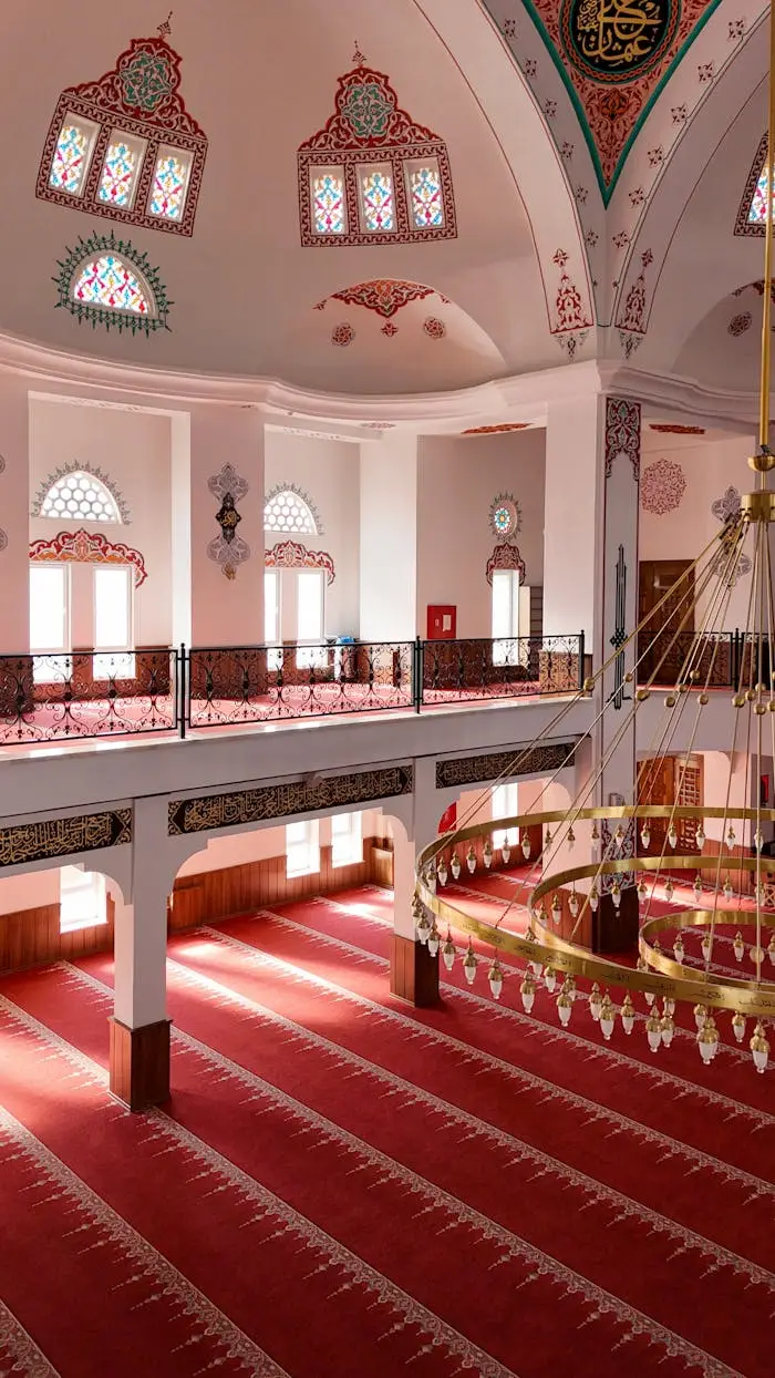 gallery-5 Interior view of a beautifully decorated Turkish mosque with intricate ceiling and red carpet.